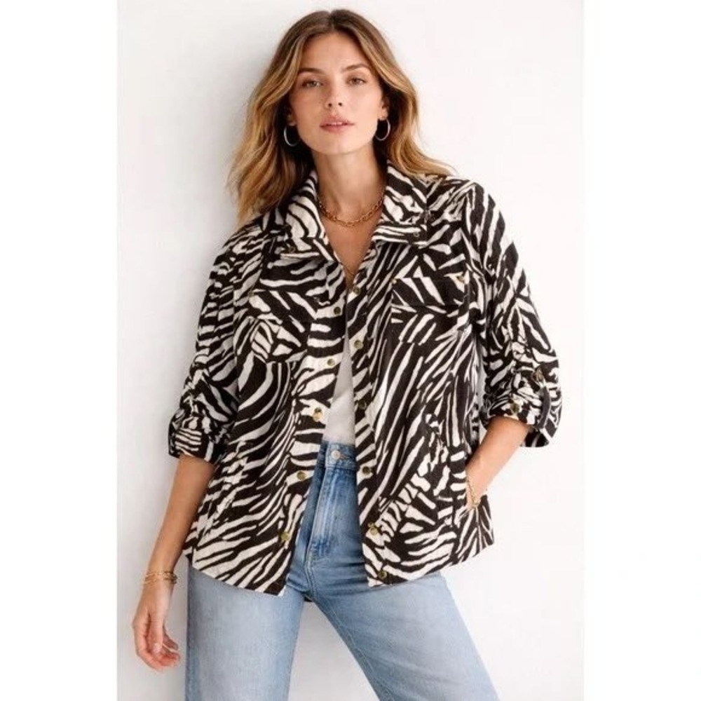 Zenergy by Chico's Neema Zebra Print Brown White Snap Front Jacket Size 3 XL 16